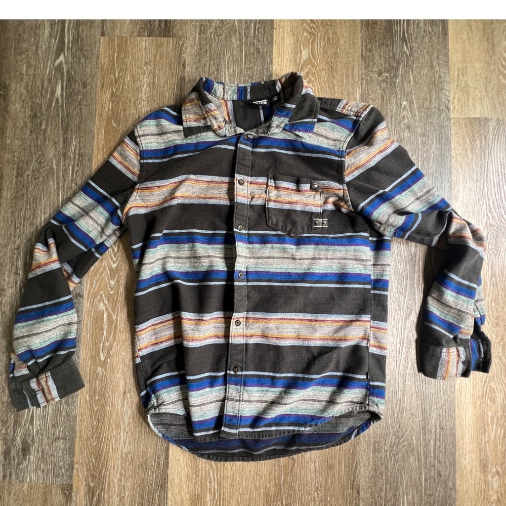 Vans Flannel Shirt Mens Large Black Blue Orange Striped Long Sleeve Button Down